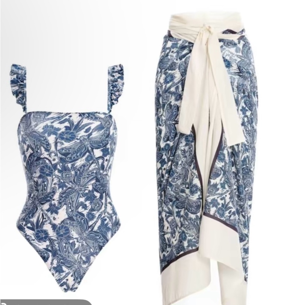 Elegant Blue and White One-Piece Swimsuit with Floral Design